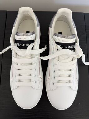 Dolce & Gabbana White Leather Sneakers with Silver Heel Tab and Red Stitching